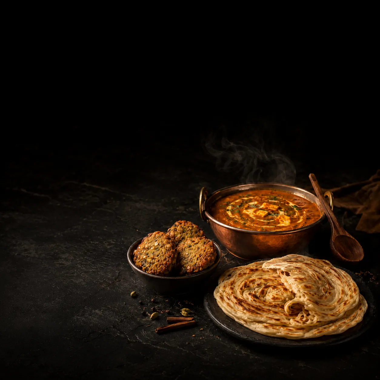 Vegetarian frozen products on a dark slate kitchen pass